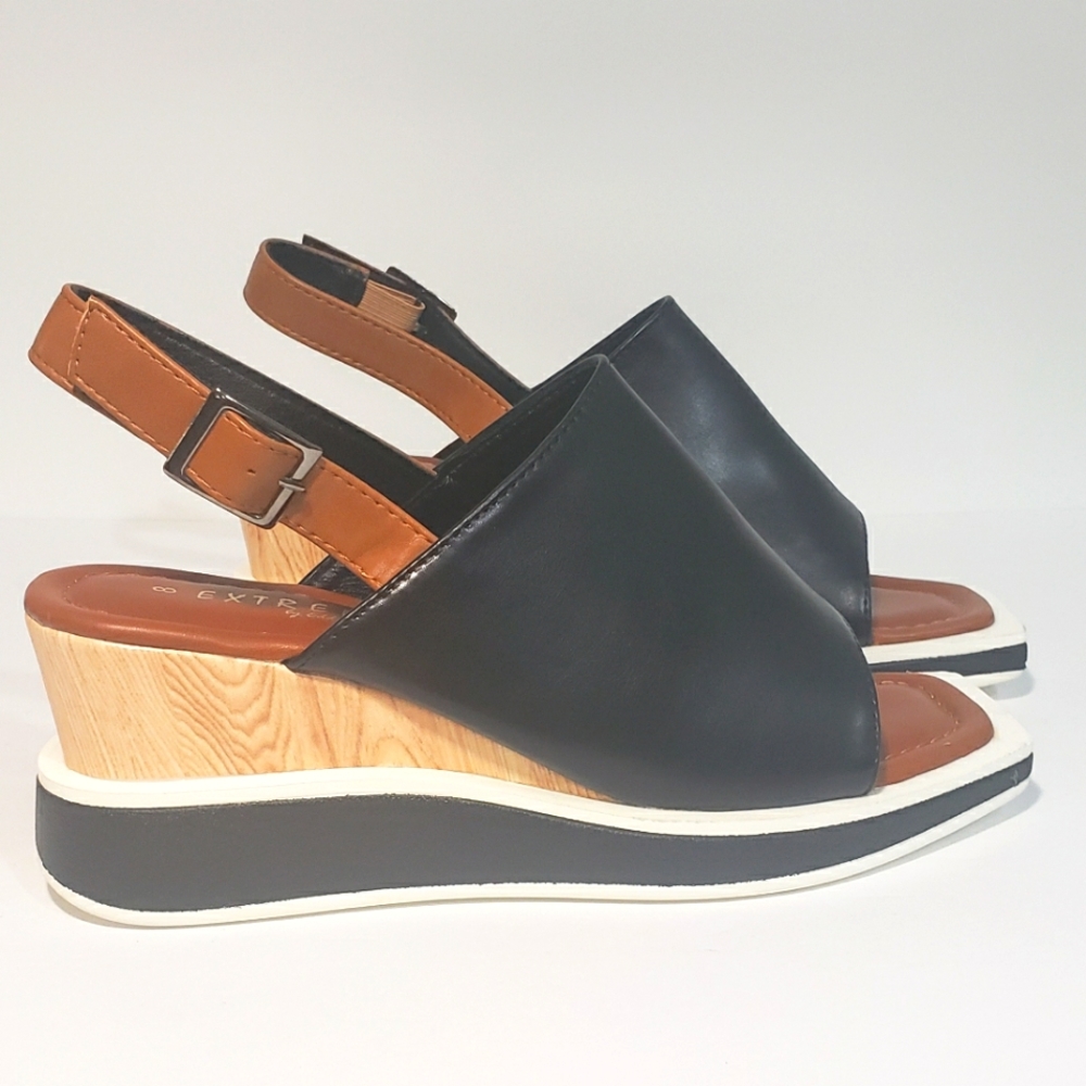 Faux Leather Open Toe Slingback Wedges